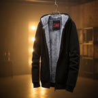 Front view of men’s fleece hooded jacket with zip cardigan design for winter casual wear