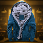 Front view of men’s fleece hooded jacket with zip cardigan design for winter casual wear