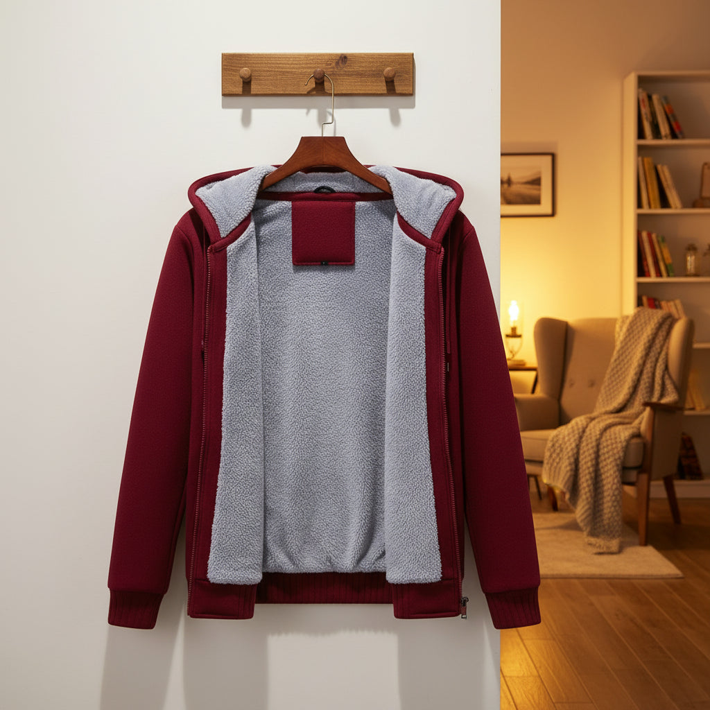 Front view of men’s fleece hooded jacket with zip cardigan design for winter casual wear
