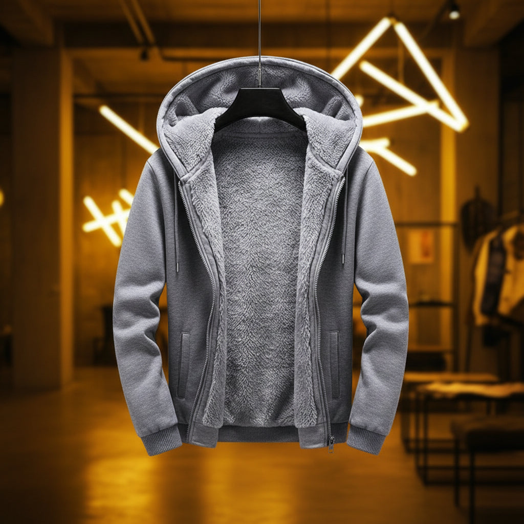 Front view of men’s fleece hooded jacket with zip cardigan design for winter casual wear