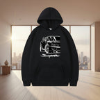 Front view of men’s printed hooded sweater with loose fit pullover streetwear design