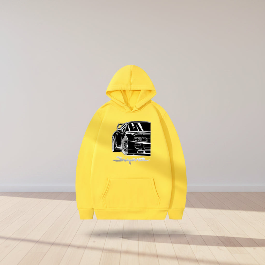 Front view of men’s printed hooded sweater with loose fit pullover streetwear design