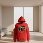 Front view of men’s printed hooded sweater with loose fit pullover streetwear design