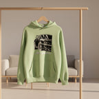 Front view of men’s printed hooded sweater with loose fit pullover streetwear design