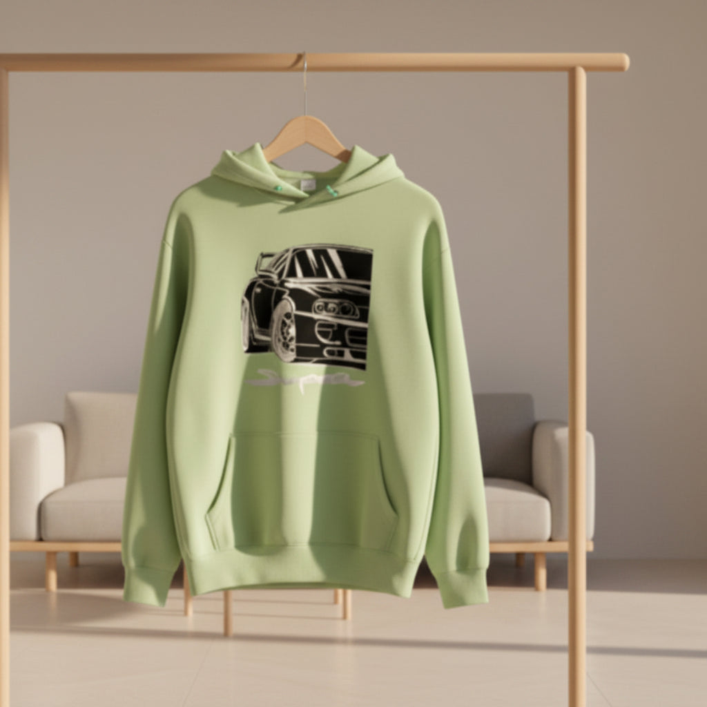 Front view of men’s printed hooded sweater with loose fit pullover streetwear design