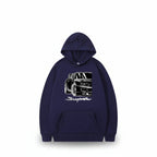 Front view of men’s printed hooded sweater with loose fit pullover streetwear design