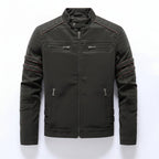 Front view of men’s PU leather jacket coat with slim fit streetwear design