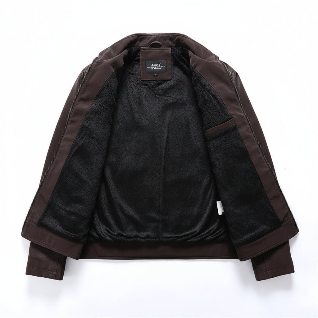 Front view of men’s PU leather jacket coat with slim fit streetwear design