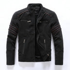 Front view of men’s PU leather jacket coat with slim fit streetwear design