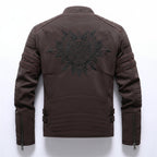 Front view of men’s PU leather jacket coat with slim fit streetwear design
