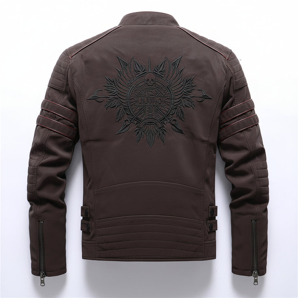 Front view of men’s PU leather jacket coat with slim fit streetwear design