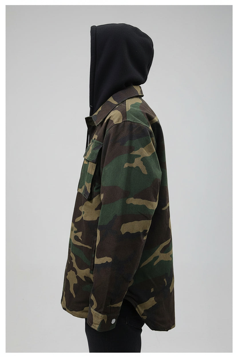 Front view of men’s quilted hooded jacket designed for warm winter streetwear style