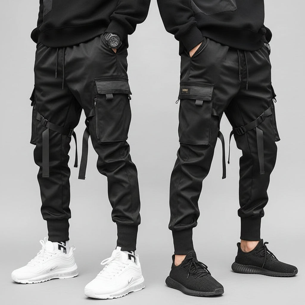 Front view of men’s ribbon harem cargo joggers with elastic waist and streetwear style