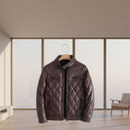 Front view of men’s thick PU leather jacket with fleece lining for winter casual wear