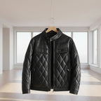 Front view of men’s thick PU leather jacket with fleece lining for winter casual wear