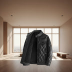 Front view of men’s thick PU leather jacket with fleece lining for winter casual wear
