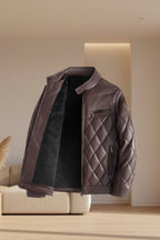 Front view of men’s thick PU leather jacket with fleece lining for winter casual wear