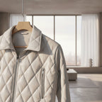 Front view of men’s thick PU leather jacket with fleece lining for winter casual wear