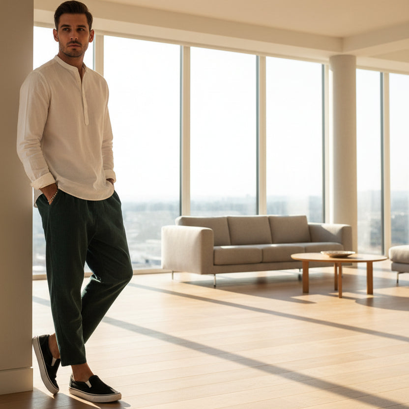 Front view of men’s winter corduroy jogger pants with simple streetwear design