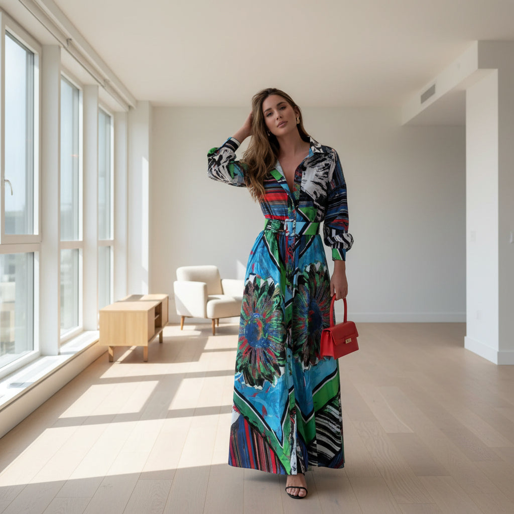 Woman in a colorful dress holding a red handbag on a city street.