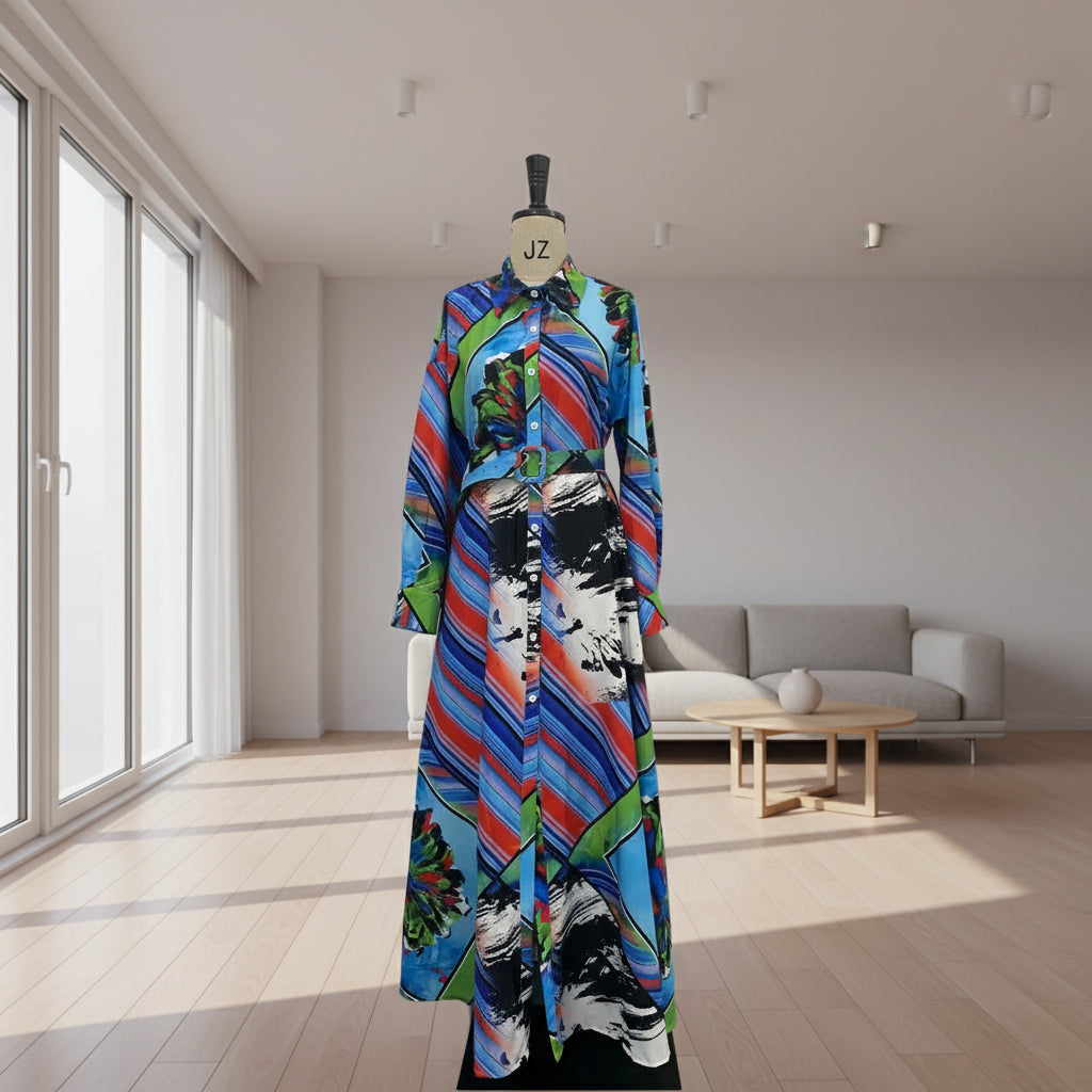 Colorful dress with abstract patterns on a mannequin against a plain background