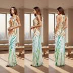 Woman wearing a long, patterned dress from three different angles on a white background