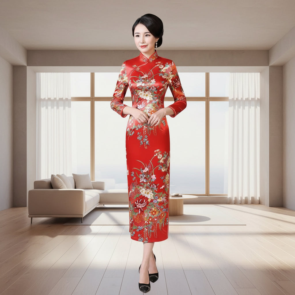Woman in a red floral dress standing in a room with wicker stools and a wooden table.