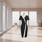 Black dress with white stripe on a mannequin against a white background