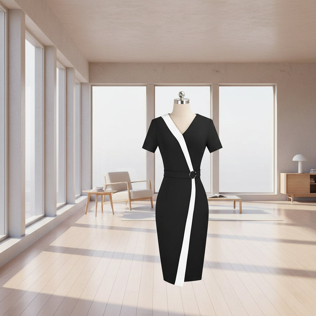 Black dress with white stripe on a mannequin against a white background