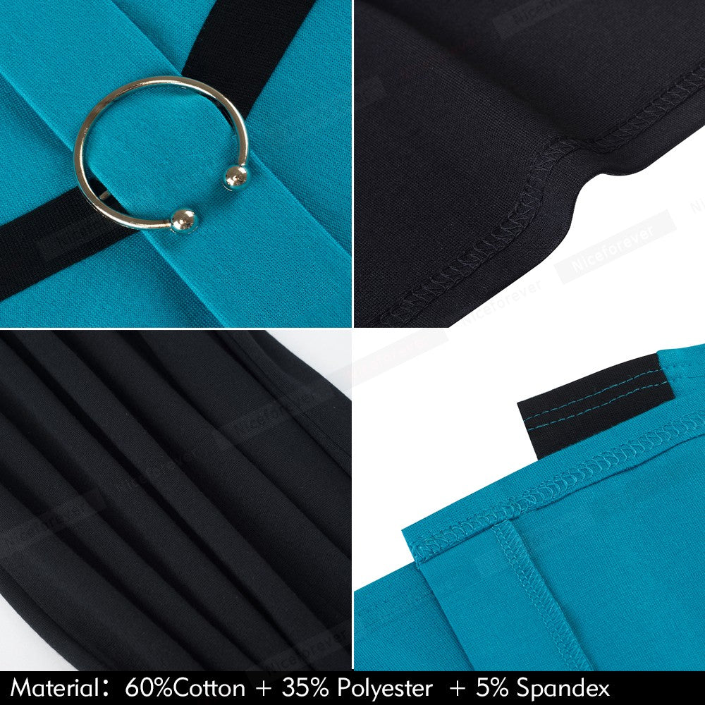 Collage of blue and black fabric with a metal ring, close-up of stitching, and material composition text.