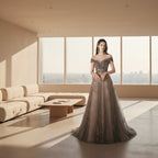 Woman in a glamorous evening gown with sequin details against a plain background