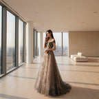 Woman in a glamorous evening gown with sequin details against a plain background