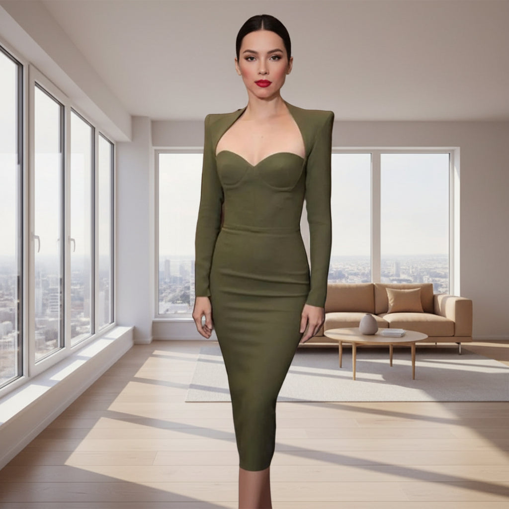 Person wearing a green dress in an indoor setting
