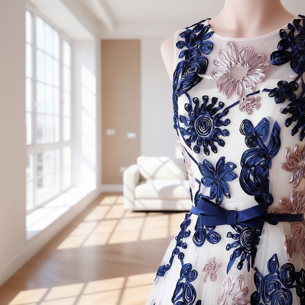 Dress with blue and pink floral embroidery on a white background