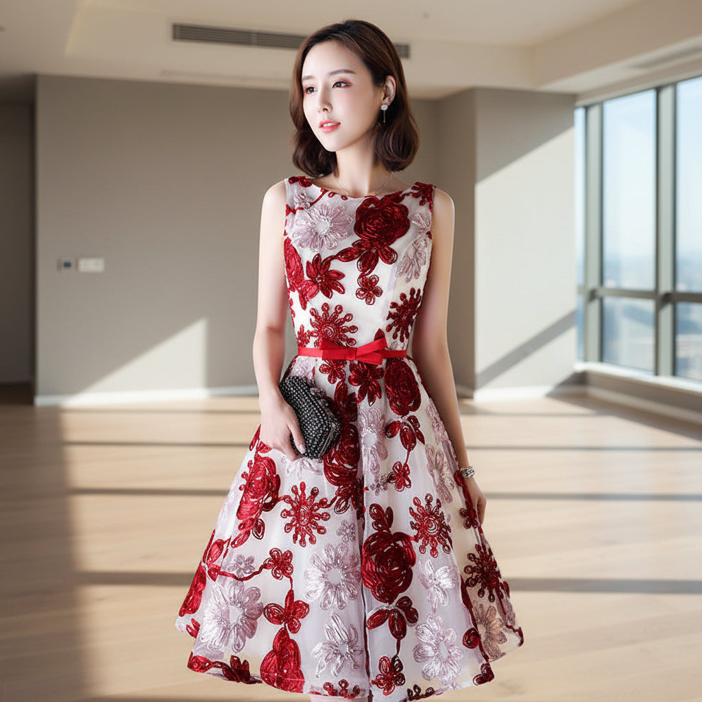 Woman wearing a red and white floral dress against a light background